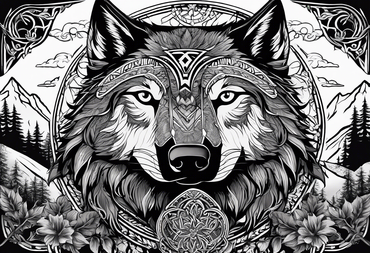 Halbes Gesicht eines Wolfes
Mit Keltischen Zeichen
Im Hintergrund Wald und Berge
Fenrir tattoo idea