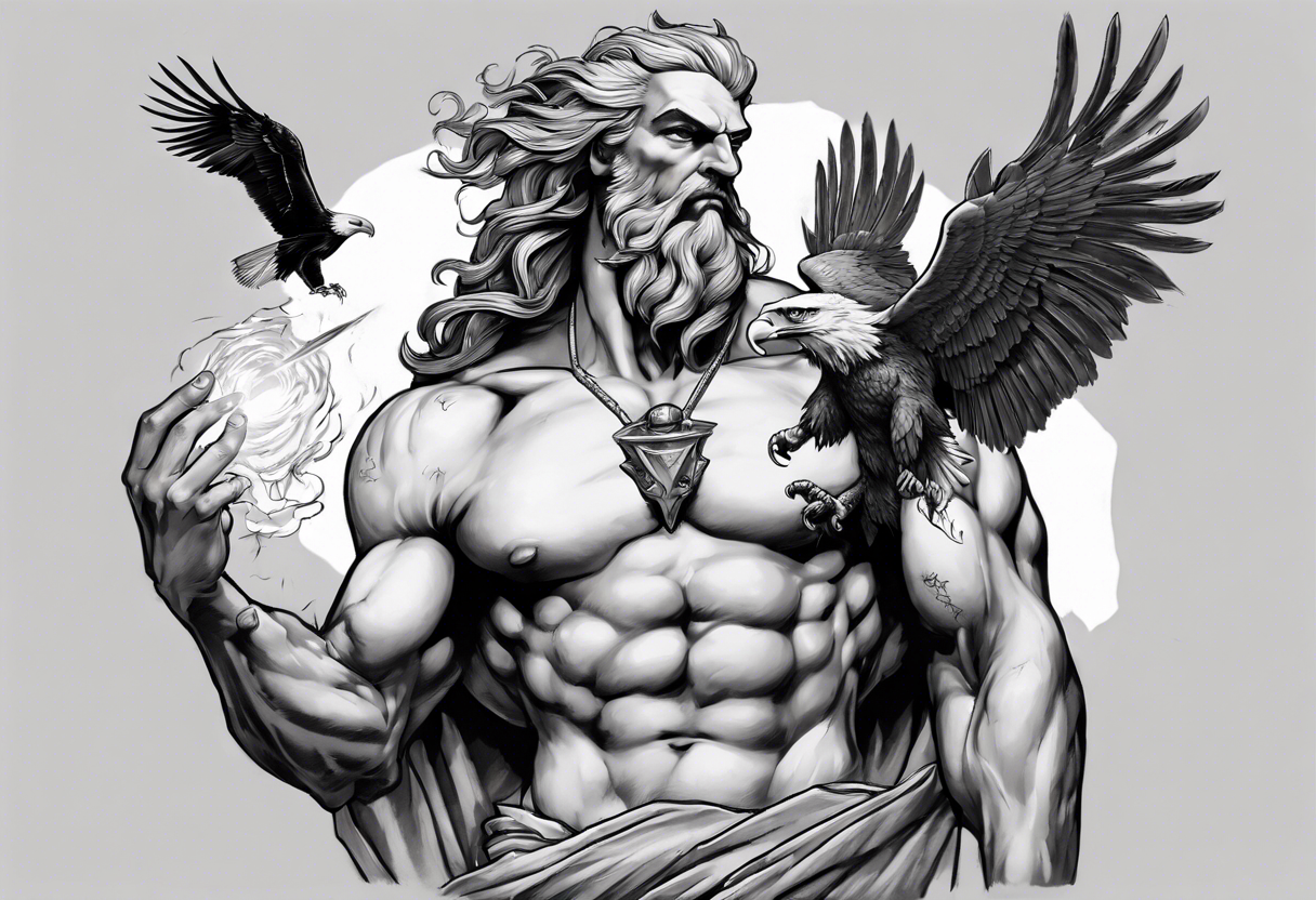 Zeus holding a wicked lightening bolt in his hand with an eagle by his side in greyscale tattoo idea