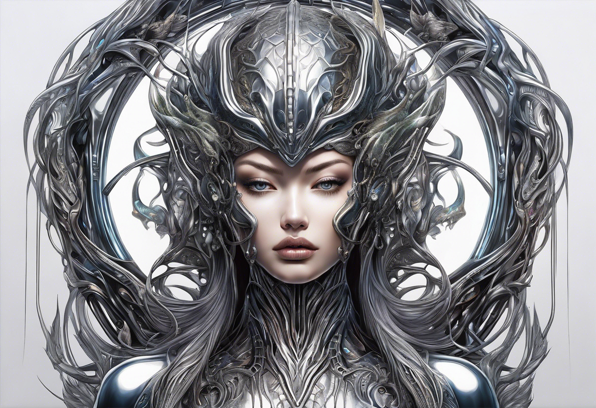 Hajime Sorayama type blended with HR Giger alien creatures with vines not a woman tattoo idea