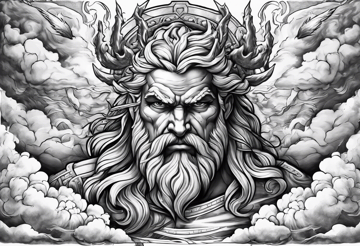 Zeus with a lightning bolt on clouds and Hades in hell below tattoo idea