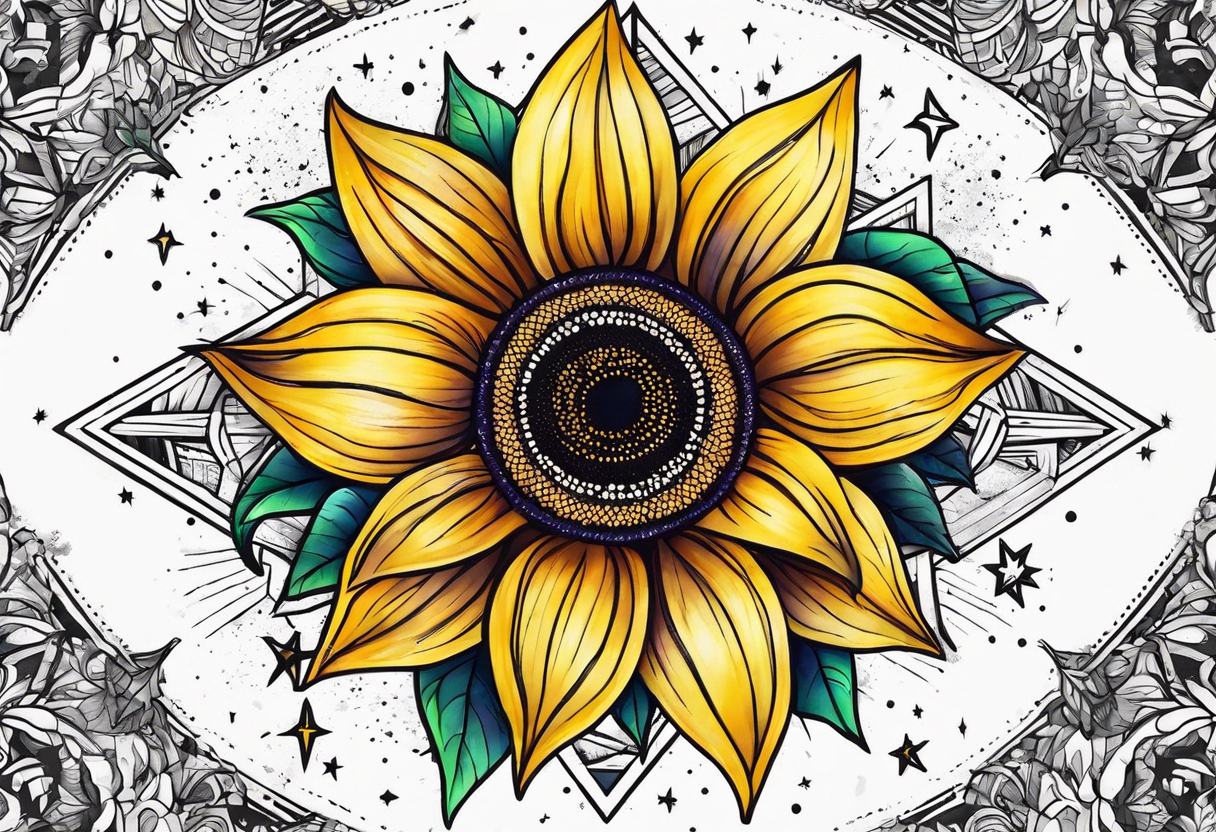 small sunflower surrounded by cosmic stars and arrow tree tattoo idea