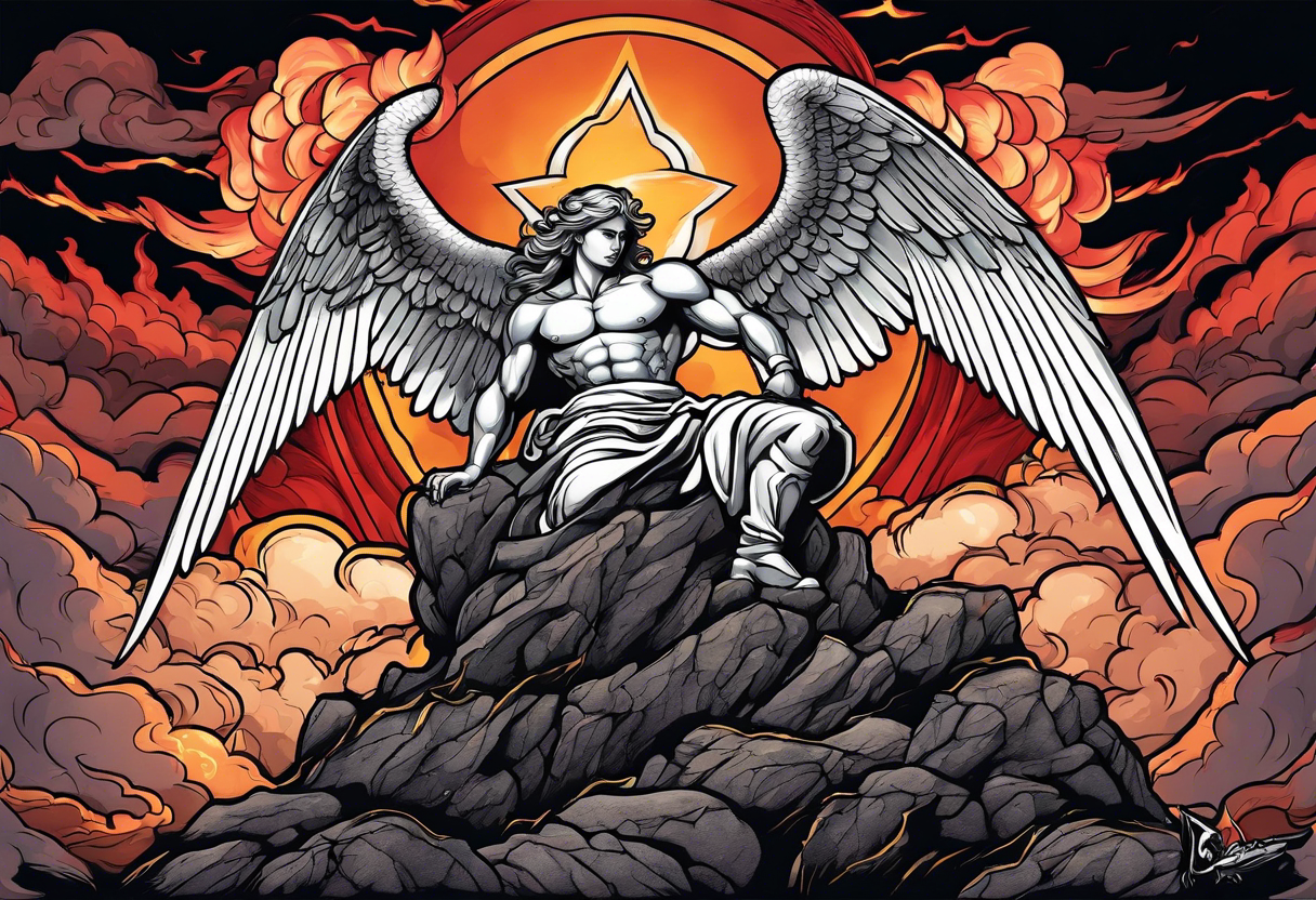 Michael the Archangel standing on top of the devil laying on rock over hot lava.  Clouds and lightning in background. tattoo idea