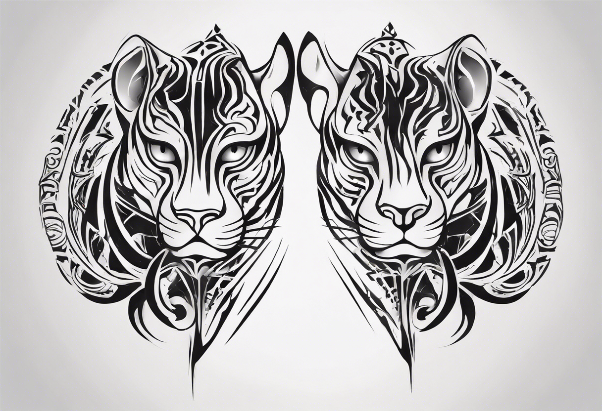 Generate a tattoo concept with two black pumas flanking a central element. Position the pumas side by side, facing outward, mirroring each other's stance. tattoo idea