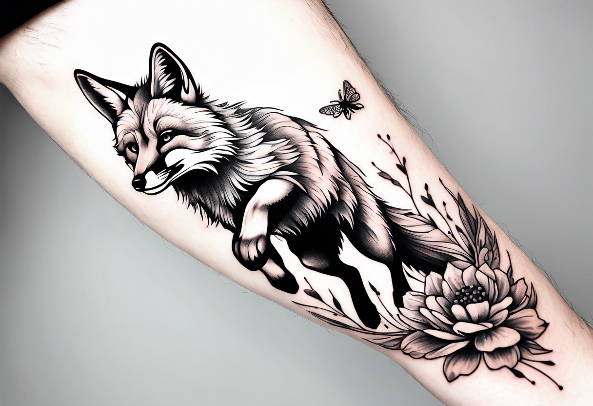 A forearm tattoo of a fox running and a honey bee tattoo idea