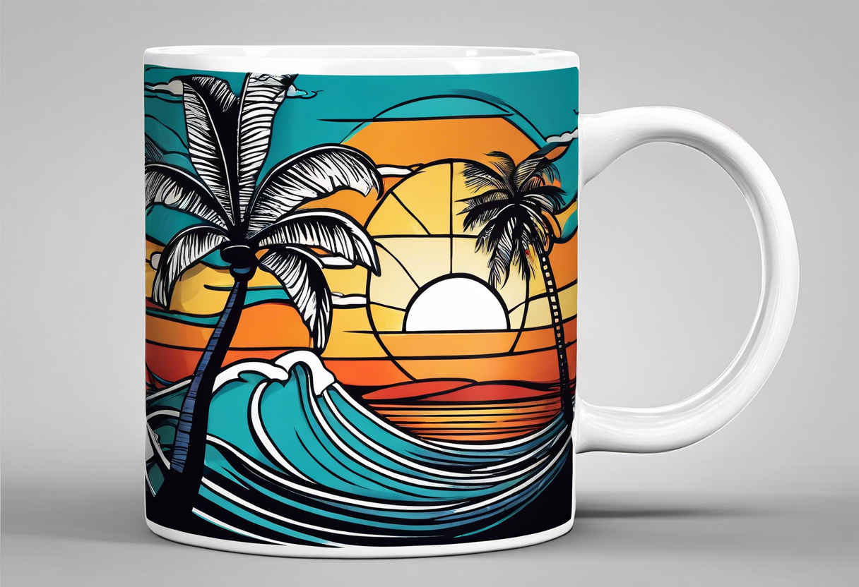 Simple Retro design coffee mug with ocean waves and palm trees background tattoo idea