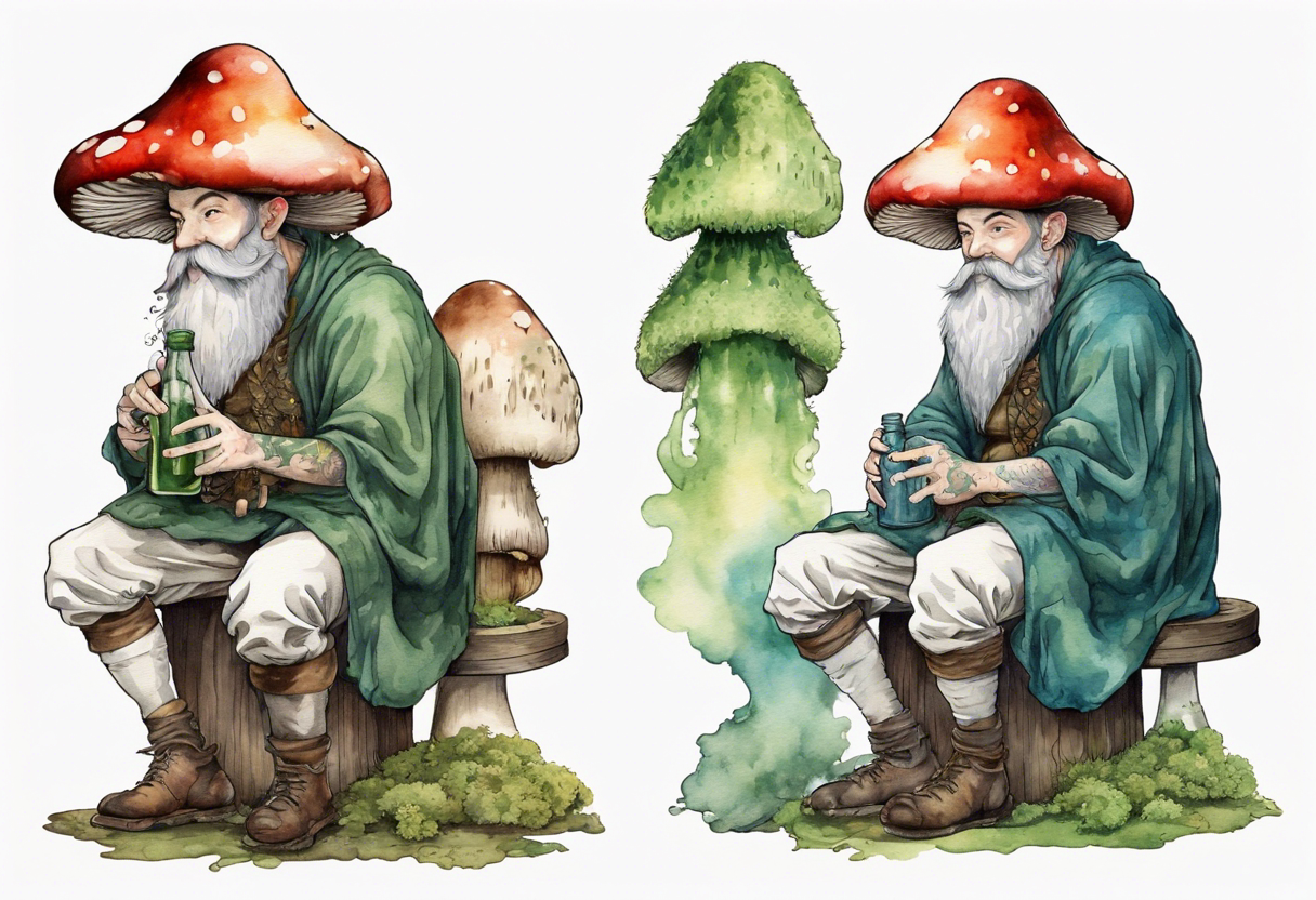 a mushroom with a mossy beard wearing medieval clothes sitting on a stool drinking from a bottle tattoo idea