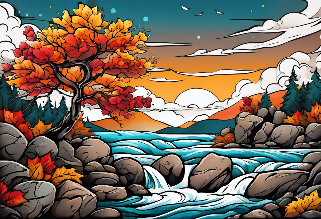 thigh tattoo in fall colors, showing, li, water flow, rocks, sky, clouds, leaves, roses tattoo idea