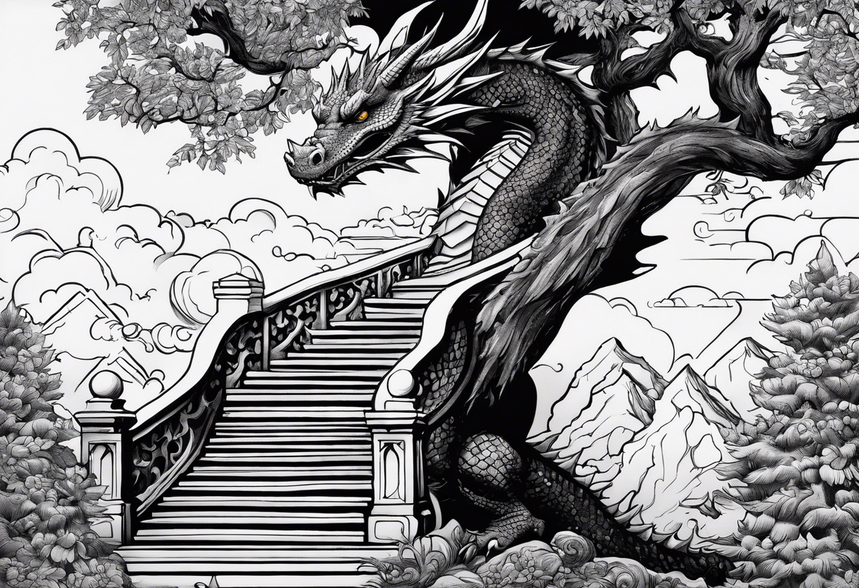 in vertical line, a dragon coming up on stairs that are a tree at the top, with the words "One day at a time" and date 4.14.24 tattoo idea