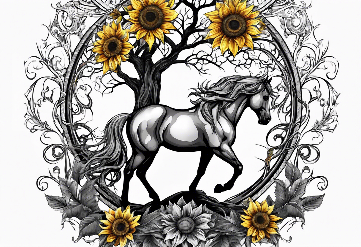 Yggdrasil tree, horse in front of it, and sunflowers tattoo idea