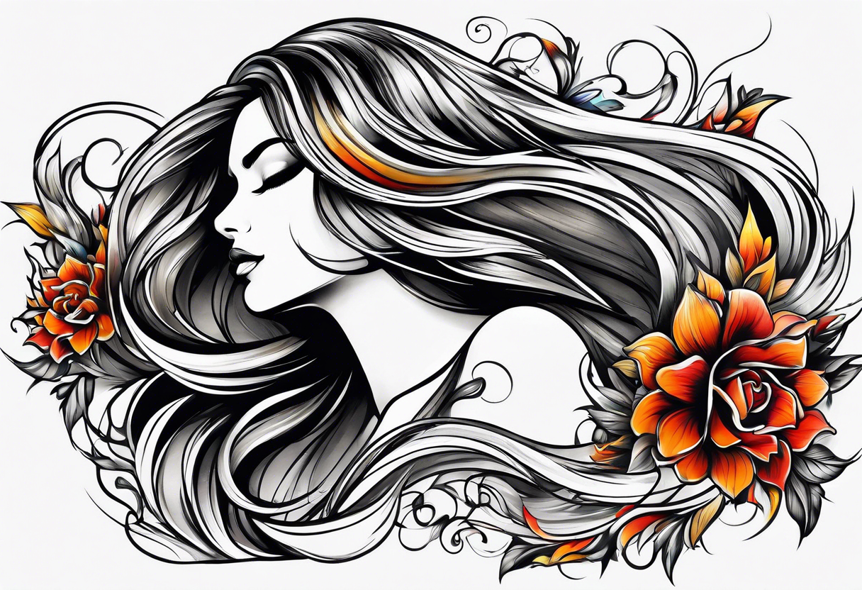 long hair flowing from shoulder to elbow tattoo idea