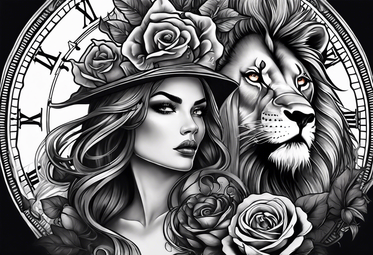 A feminine arm sleeve with a black witchy woman with smoky eyes, a granddaddy clock with roses and a lion queen tattoo idea