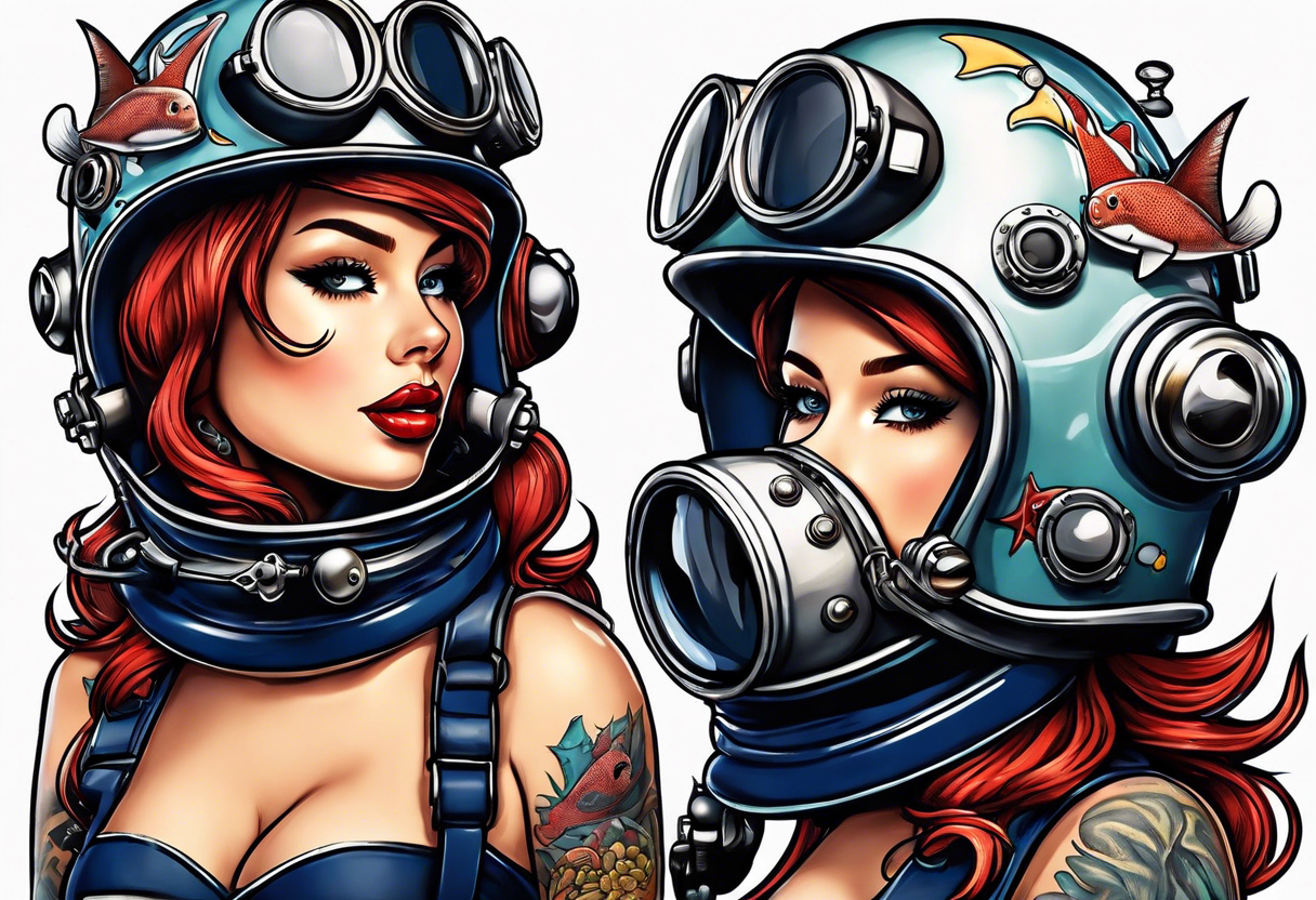 Navy Diving helmet with a shark and pin up girl tattoo idea