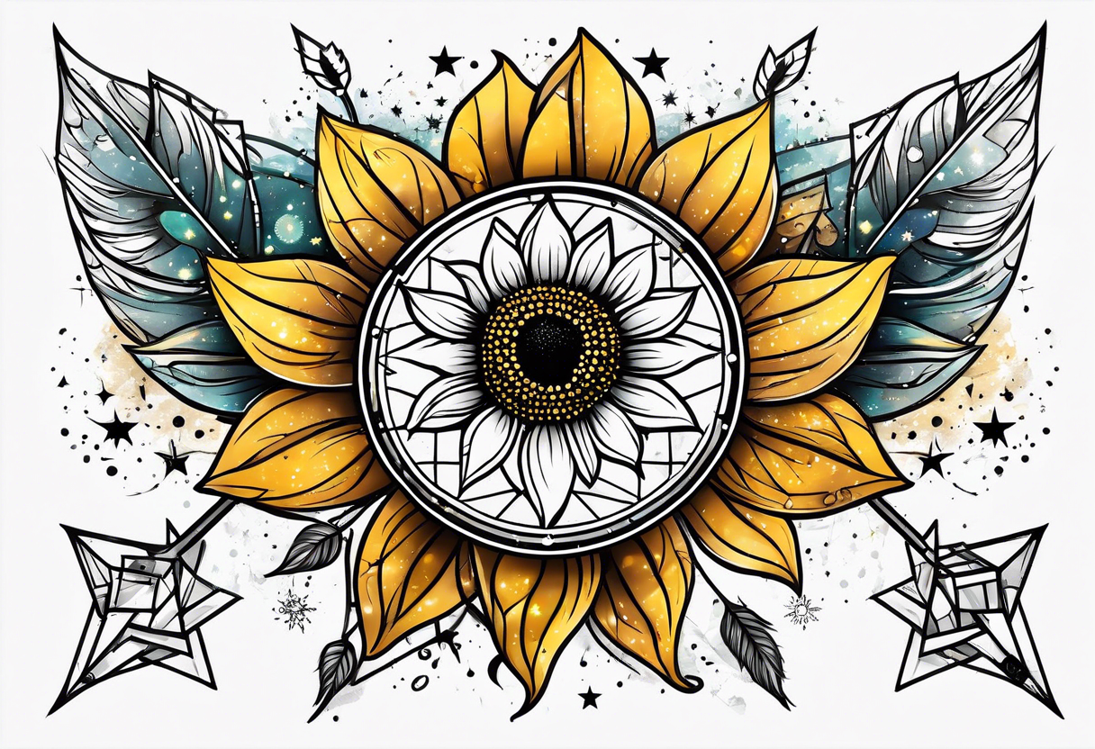 elegant tattoo with a small sunflower surrounded by cosmic stars and arrow tattoo idea