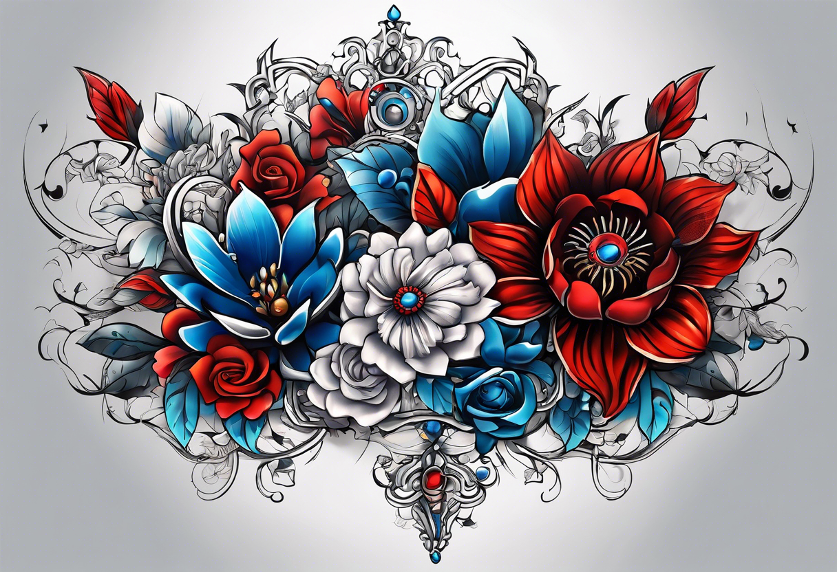 Mechanical flowers with blue and red accents tattoo idea