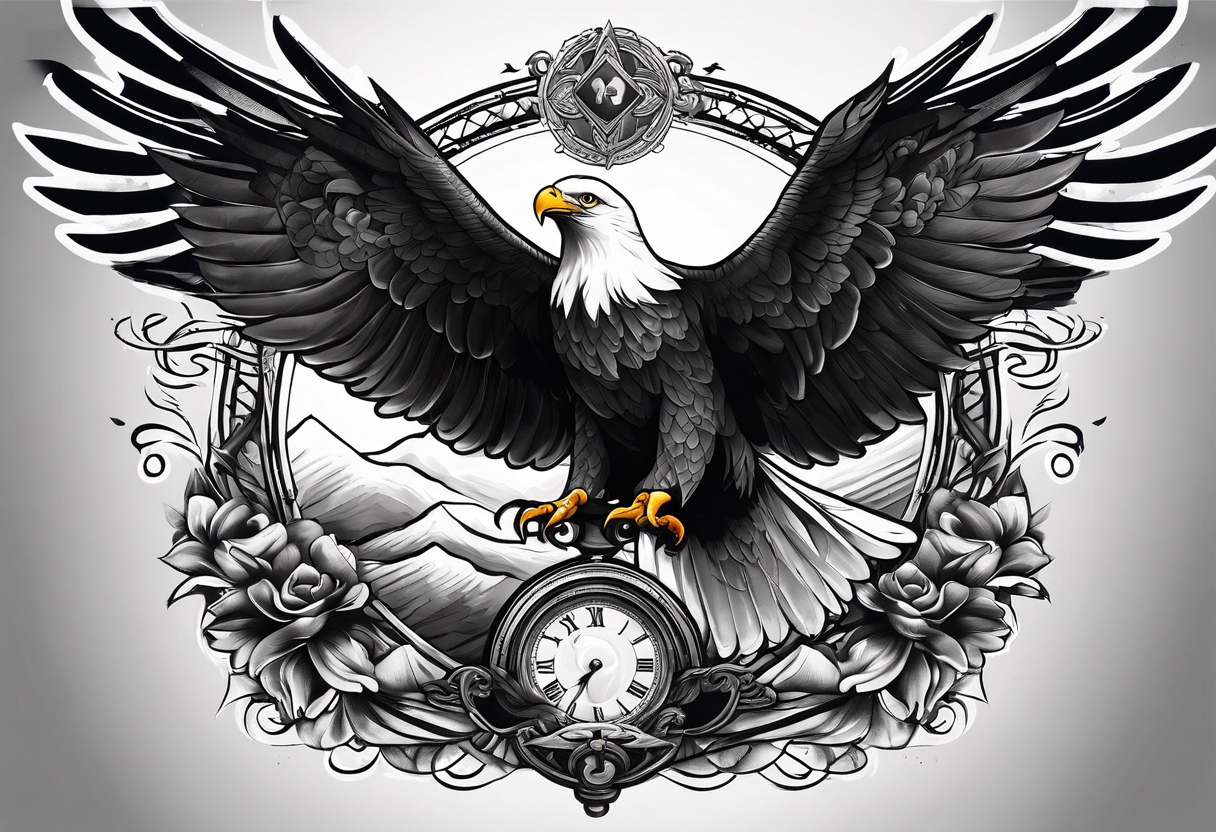 idea of pain for glory in life, discipline and catholic religion. Tattoo on the back with an eagle , 2 doves and fish tattoo idea