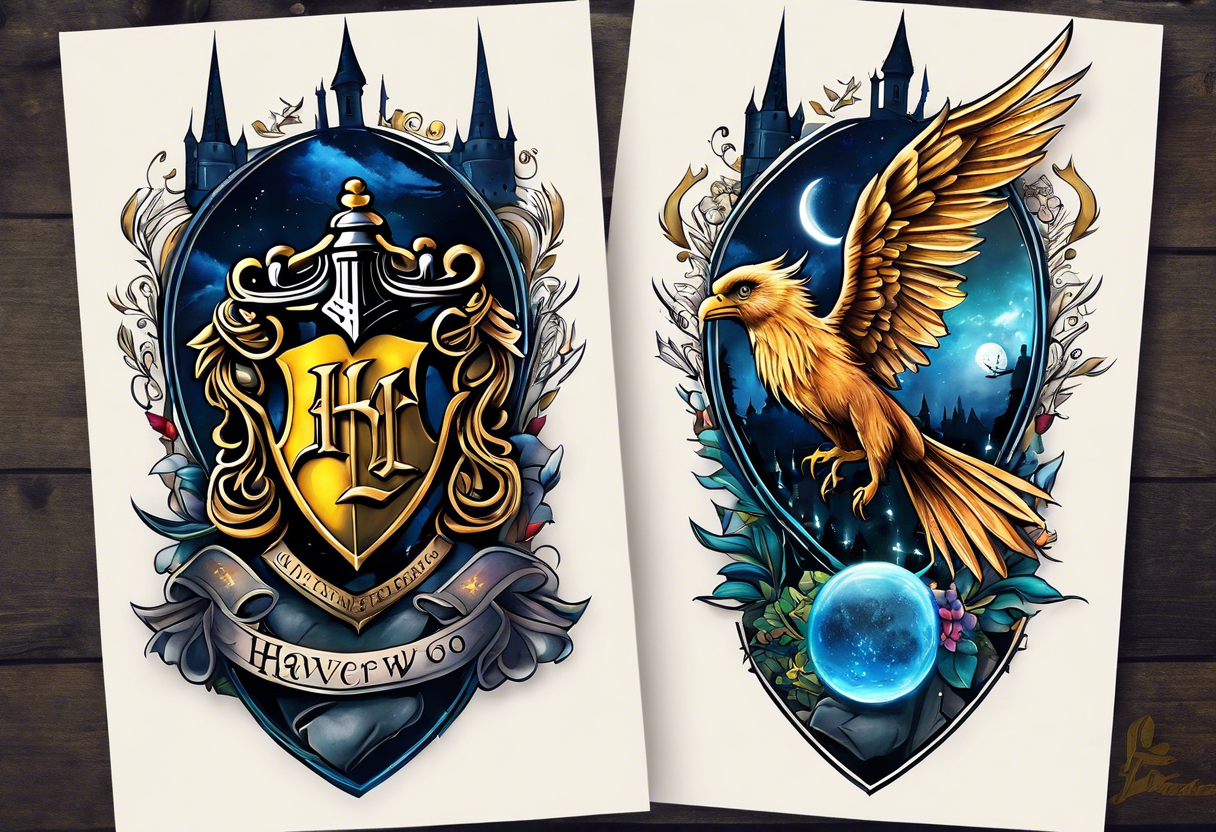 Harry Potter themed full sleeve. Include the Hogwarts castle, a golden snitch, the flying ford angler, the Ravenclaw house crest, and Luna Lovegood. tattoo idea