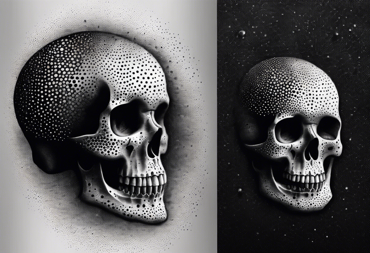 I want to make the picture simple, without too many gorgeous backgrounds, just a skull looking at the hazy fog in the sky, and the skull should give the feeling of trypophobia. tattoo idea