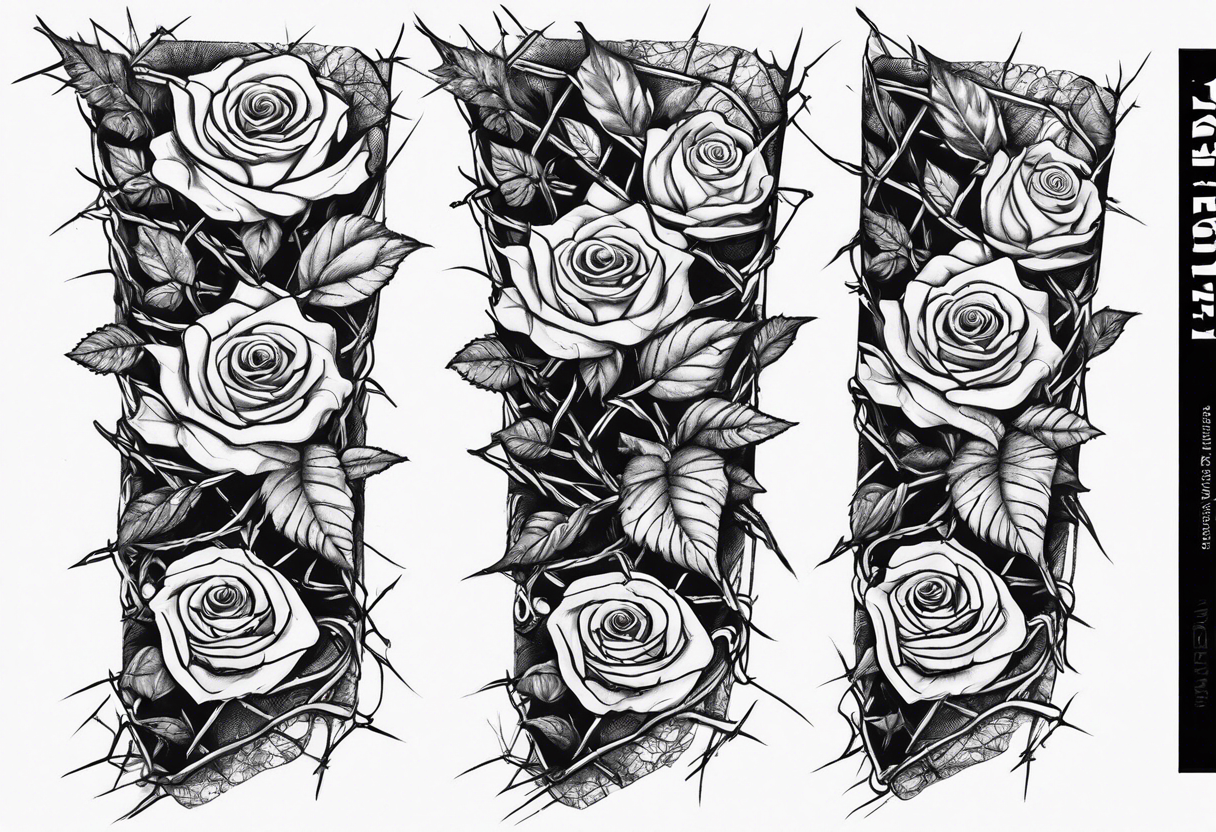 Foliage arm sleeve that has barbed wire that turns into rose thorns tattoo idea