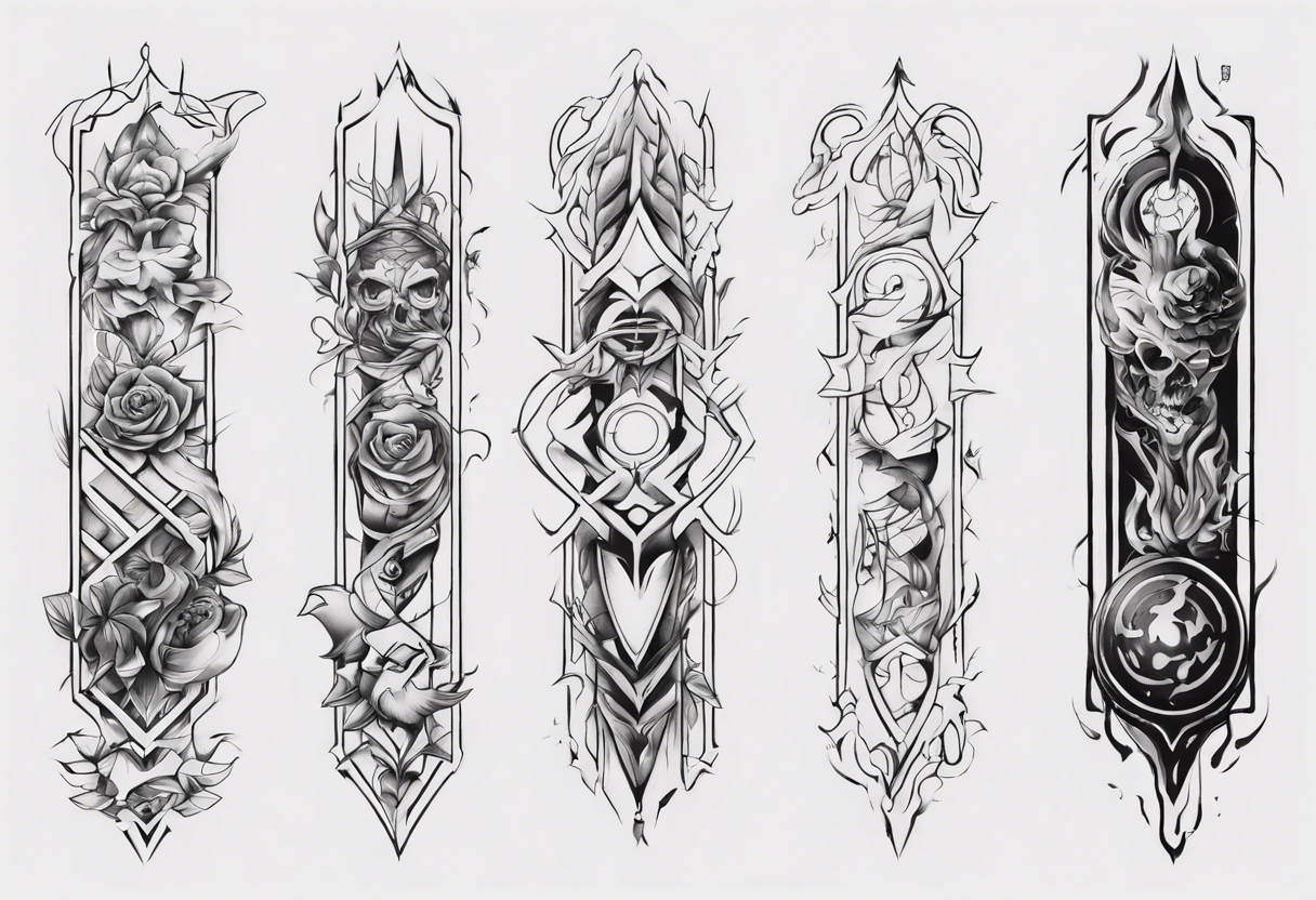 Design a vertical tattoo where shapes and lines represent various stages of my life, reflecting the evolution of my character and perception. Ensure it suits the placement on the back of the forearm tattoo idea