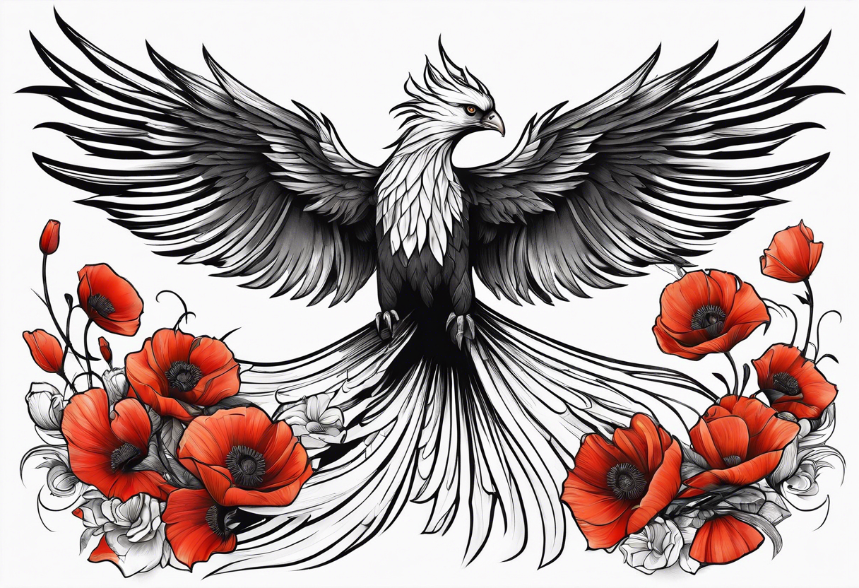 elongated phoenix in flight 
in profile long tail with claws holding poppies falling tattoo idea