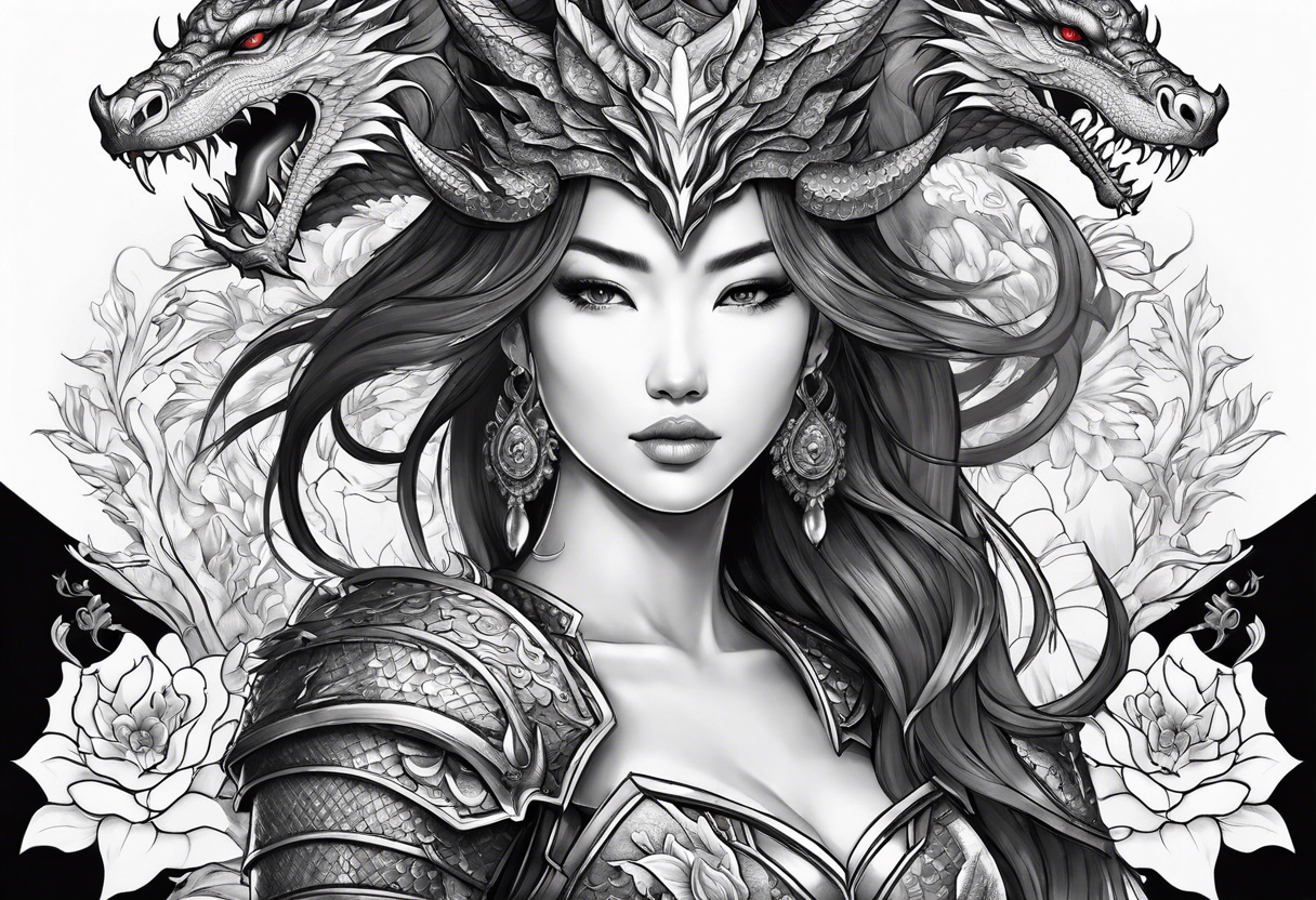 beautiful warrior woman wearing dragon armor and a floral background and a dragon a full picture tattoo idea