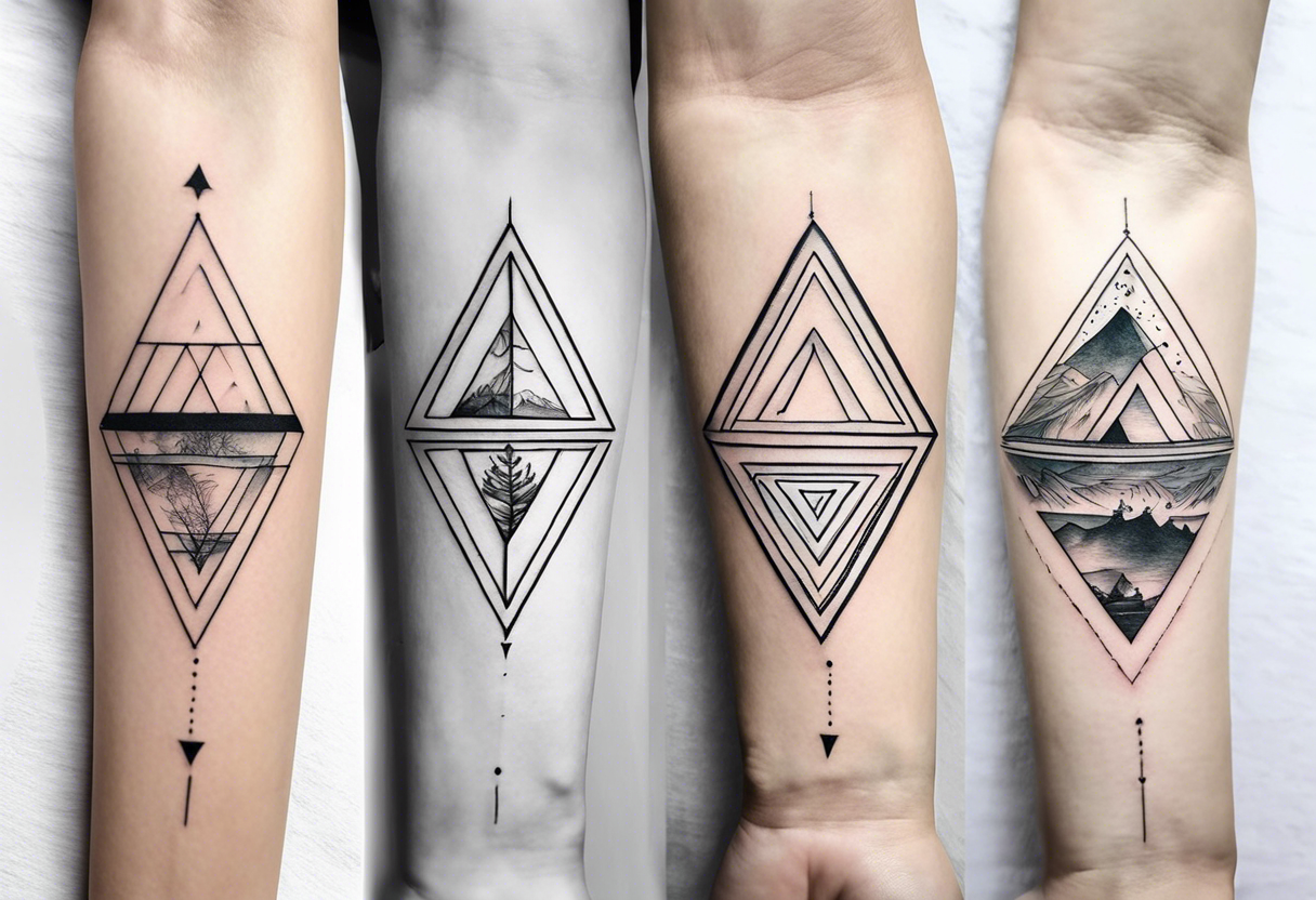 four small triangle portals to fantasy world connected by line, forearm tattoo tattoo idea