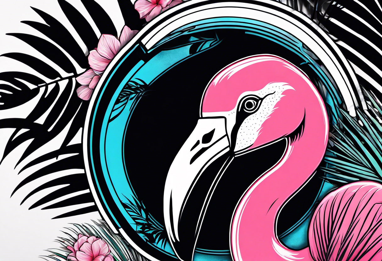 formula 1 helment with a palm tree a flamingo and black light blue and pink colors tattoo idea