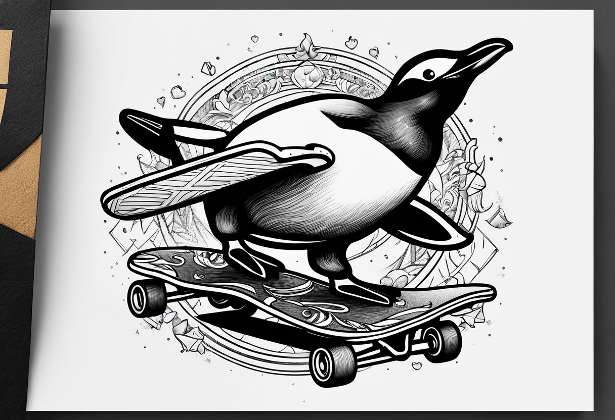 Fat penguin riding a skateboard upside down tattoo idea