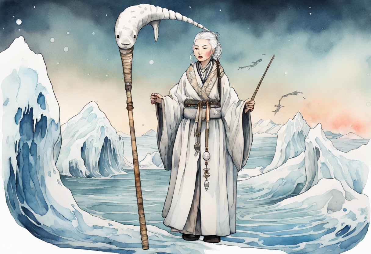 a 40 year old Sami woman with white hair and a white robe holding a long white narwhal horn, standing on an iceberg tattoo idea