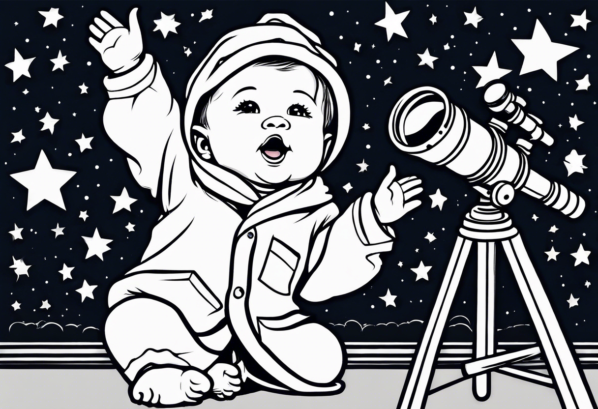 Small baby in a lab coat looking up at the stars through a telescope tattoo idea