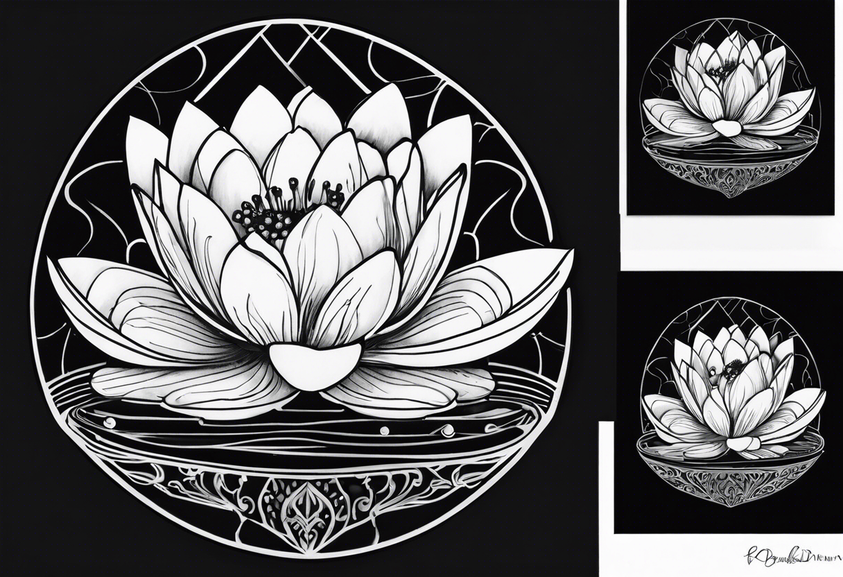 Water lilly on top of hour glass with black background tattoo idea