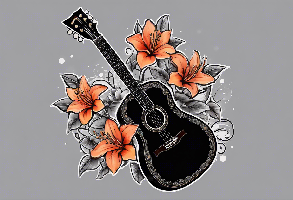 flat basic black acoustic guitar, entire guitar, wrapped with lilies around the neck, with a simple black star on the guitar body. meant for the inside of a woman's bicep tattoo idea