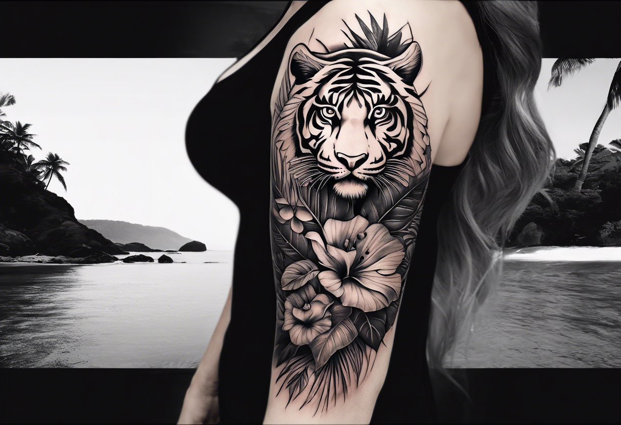 Womans Full arm tattoo sleeve design. Smaller abstract tiger coming down  front of shoulder, monstera foliage on forearm, beach landscape on bicep  tattoo idea | TattoosAI