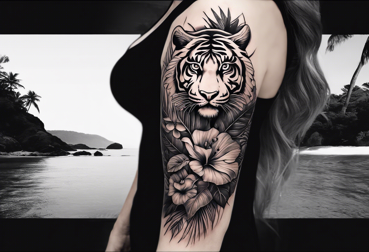 Tiger Tattoo Sleeve with Clock and Roses