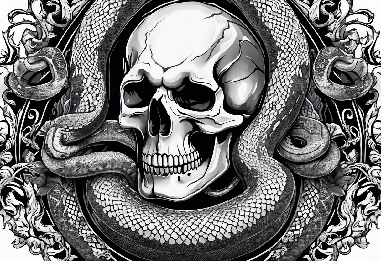 snake sleeve tattoo with skull, snake as focal point, with the word Hydra on it tattoo idea