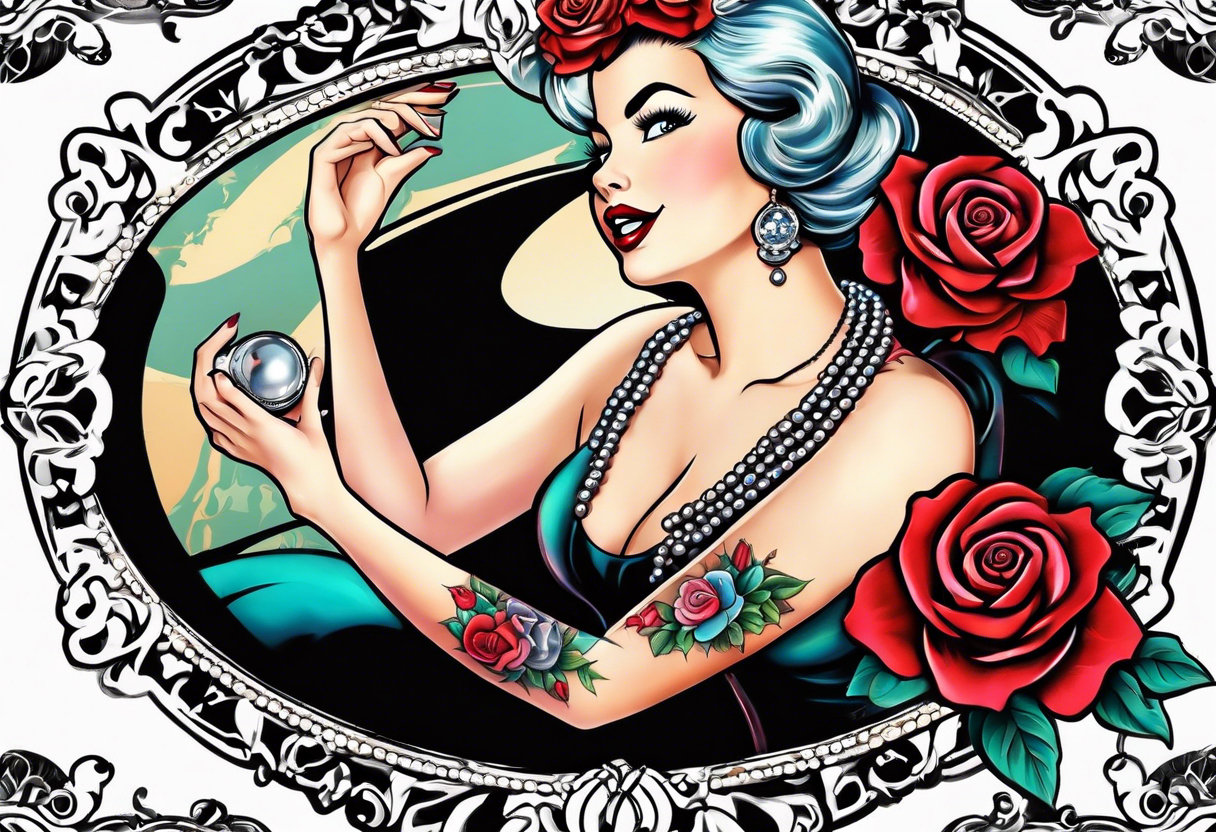 Pearl necklace wrapped around 1950s pinup pumps with roses surrounding tattoo idea