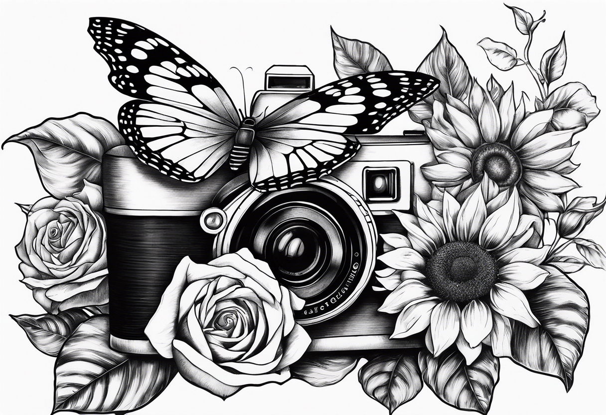 Butterfly, sunflower, camera, book,  flower rose tattoo idea