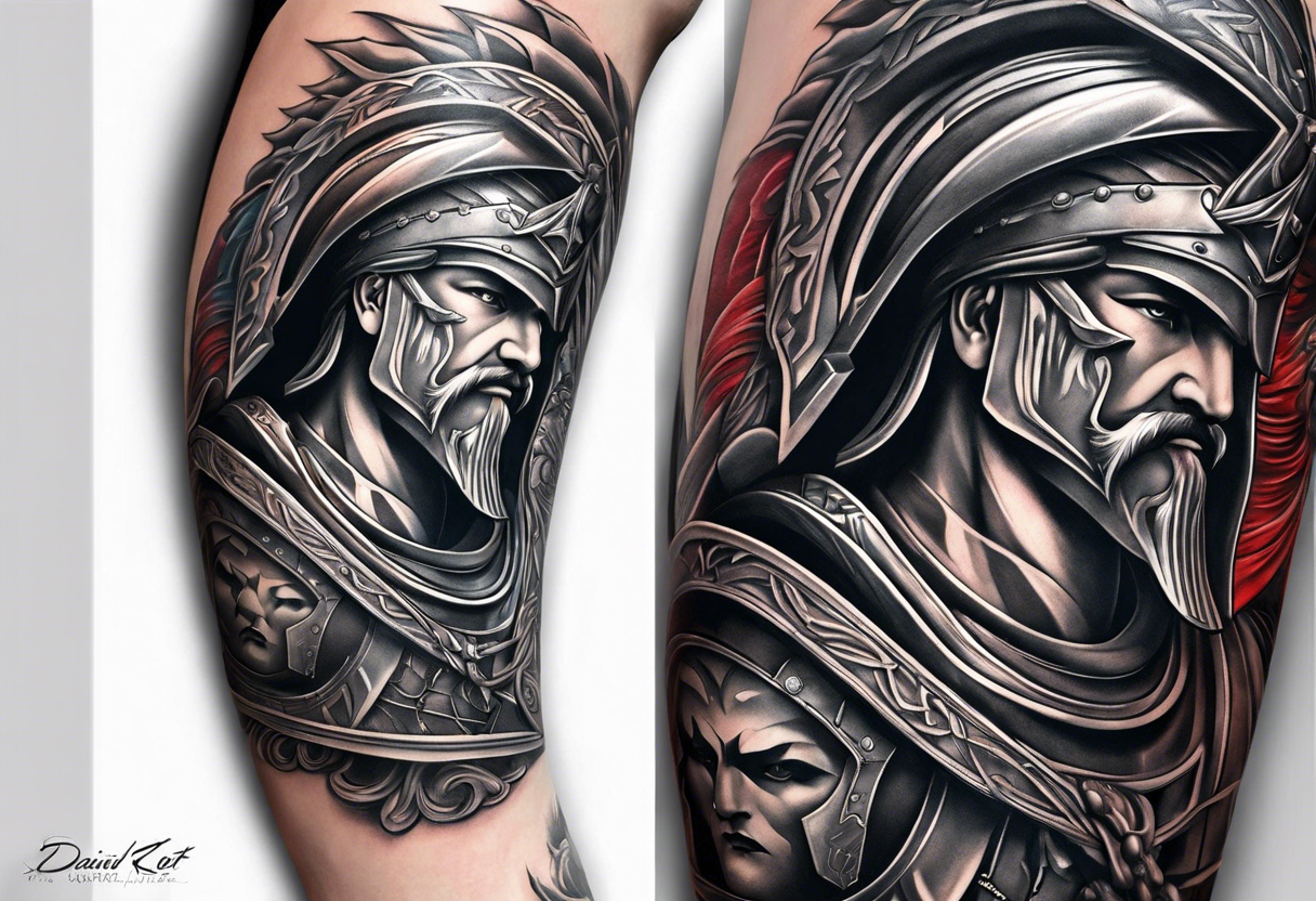 Leg sleeve of Spartan Greaves tattoo idea