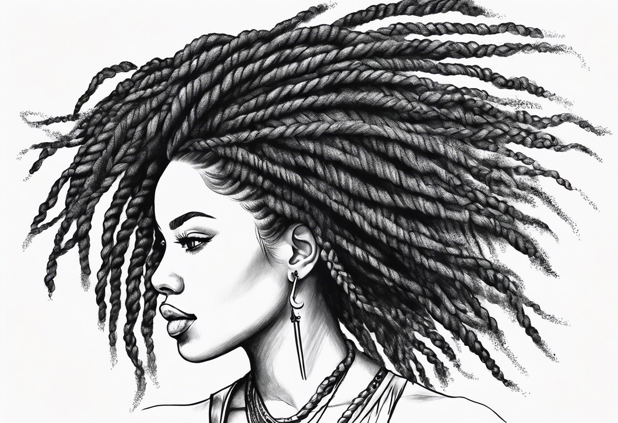 Draw a women head with real dread locks flying in the air, all hair should be to see tattoo idea