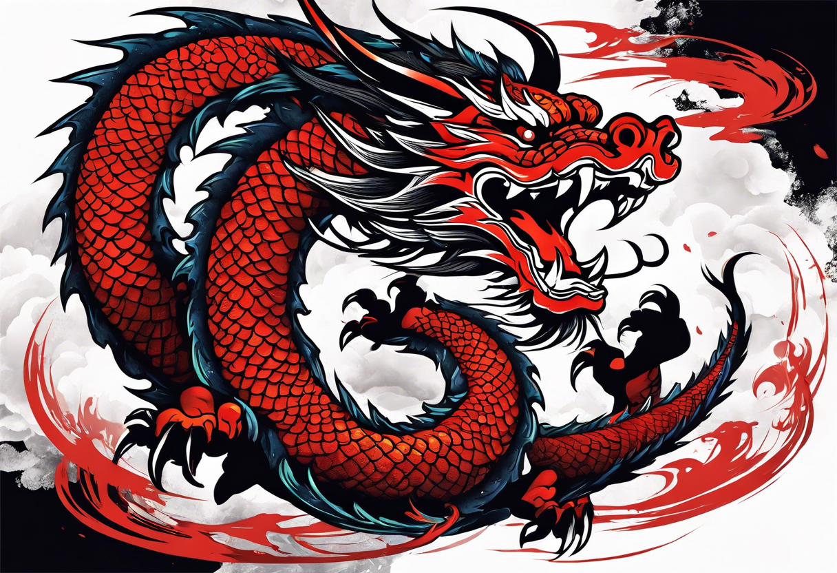 The name Nakama painted in Japanese, with Japanes dragon intertwined, flying through the empty spaces of the paint strokes tattoo idea