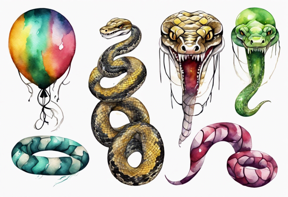 african python with colored ballons aside and te-fiti stone on the other side tattoo idea