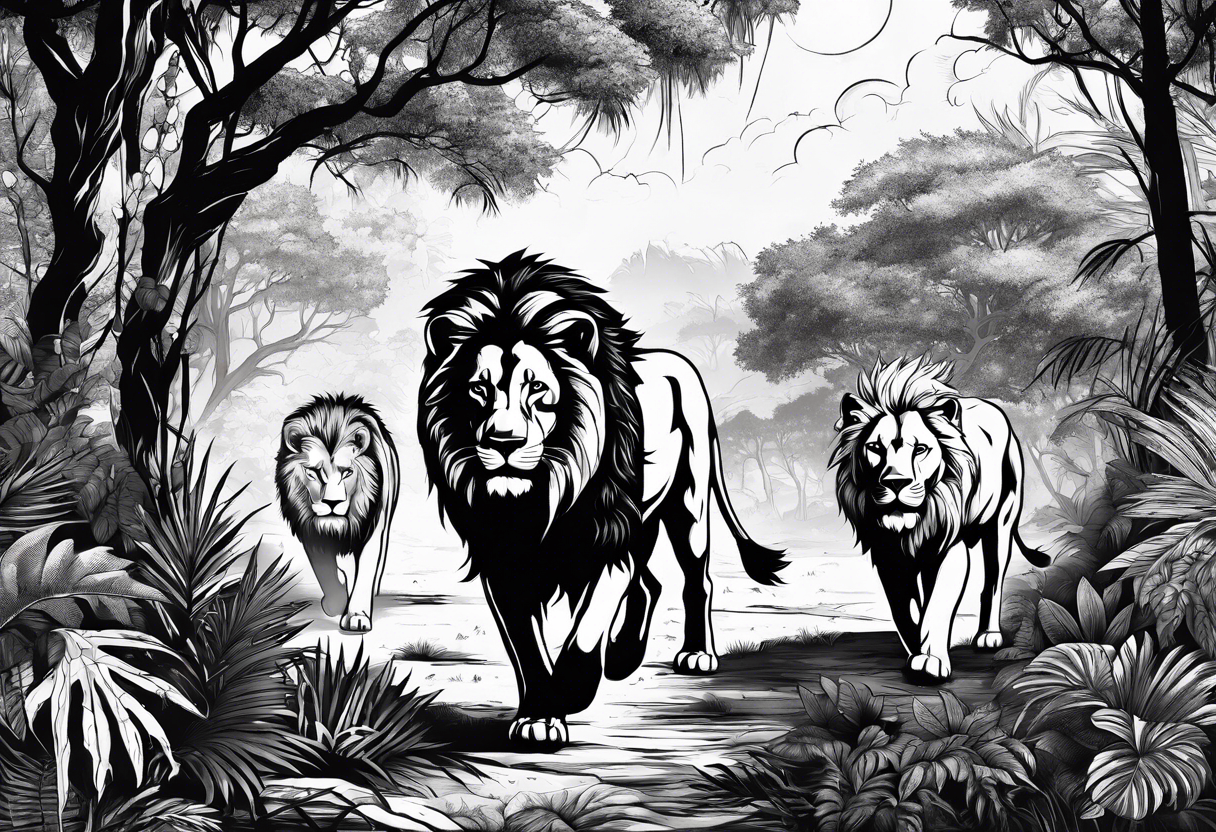 wolfpack and lion pack in the jungle far away walking towards a tree tattoo idea