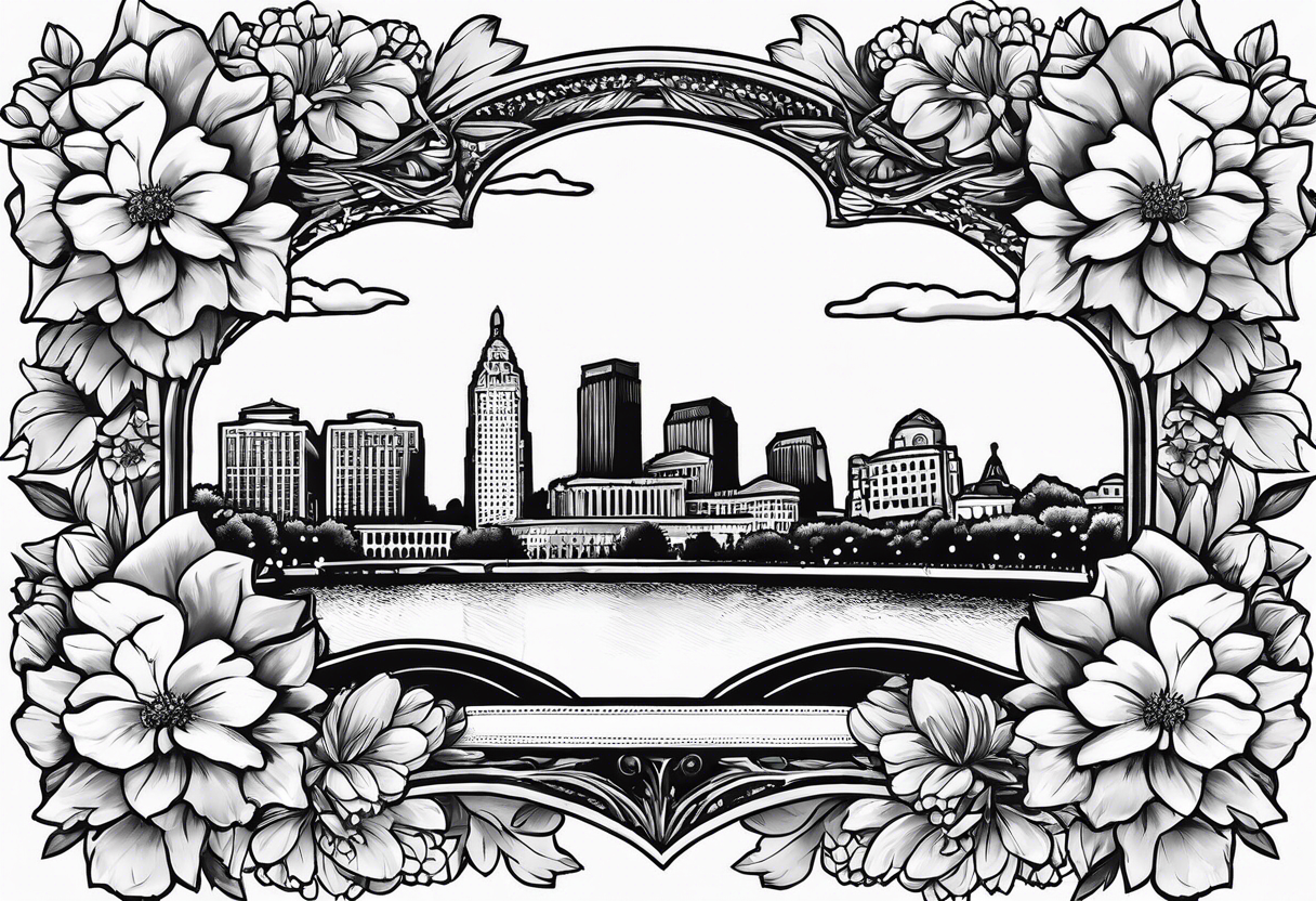 saint louis missouri city skyline over a banner surrounded by flowers with the arch tattoo idea