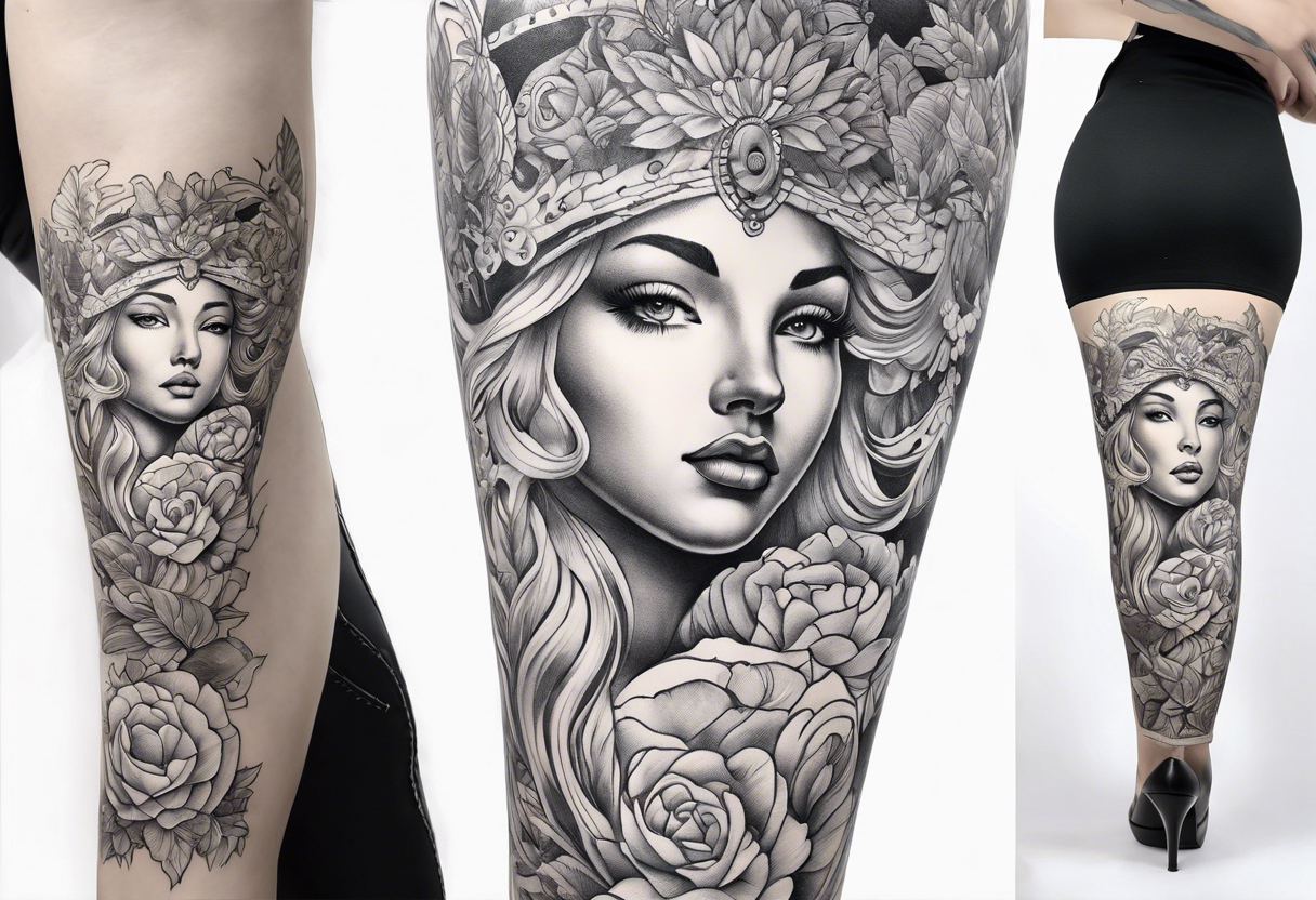 Leg sleeve of the Goddess Venus, blonde, full body tattoo idea