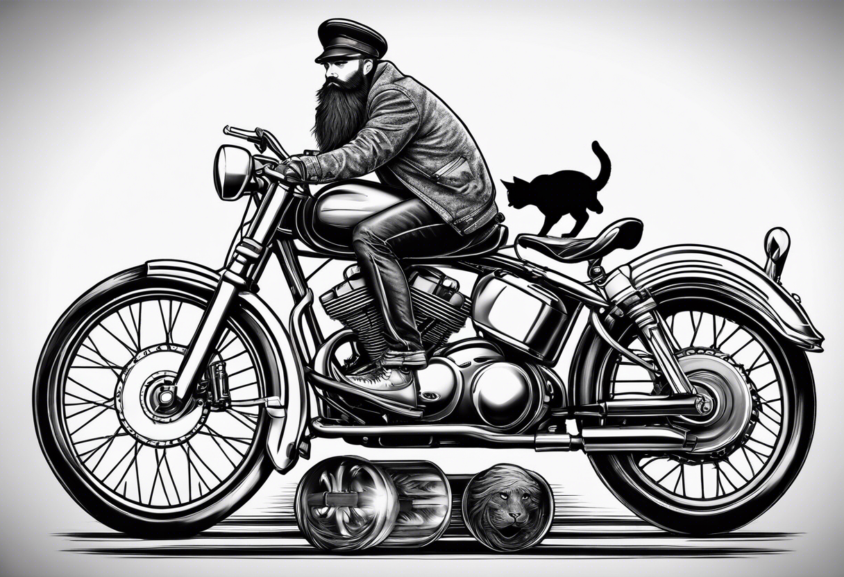 cat with beard on a bike tattoo idea