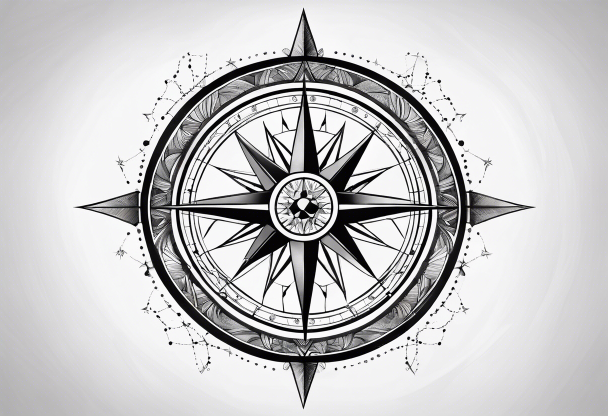 a classic compass rose as the central element, Overlaying the compass rose is a simplified molecular structure of serotonin tattoo idea