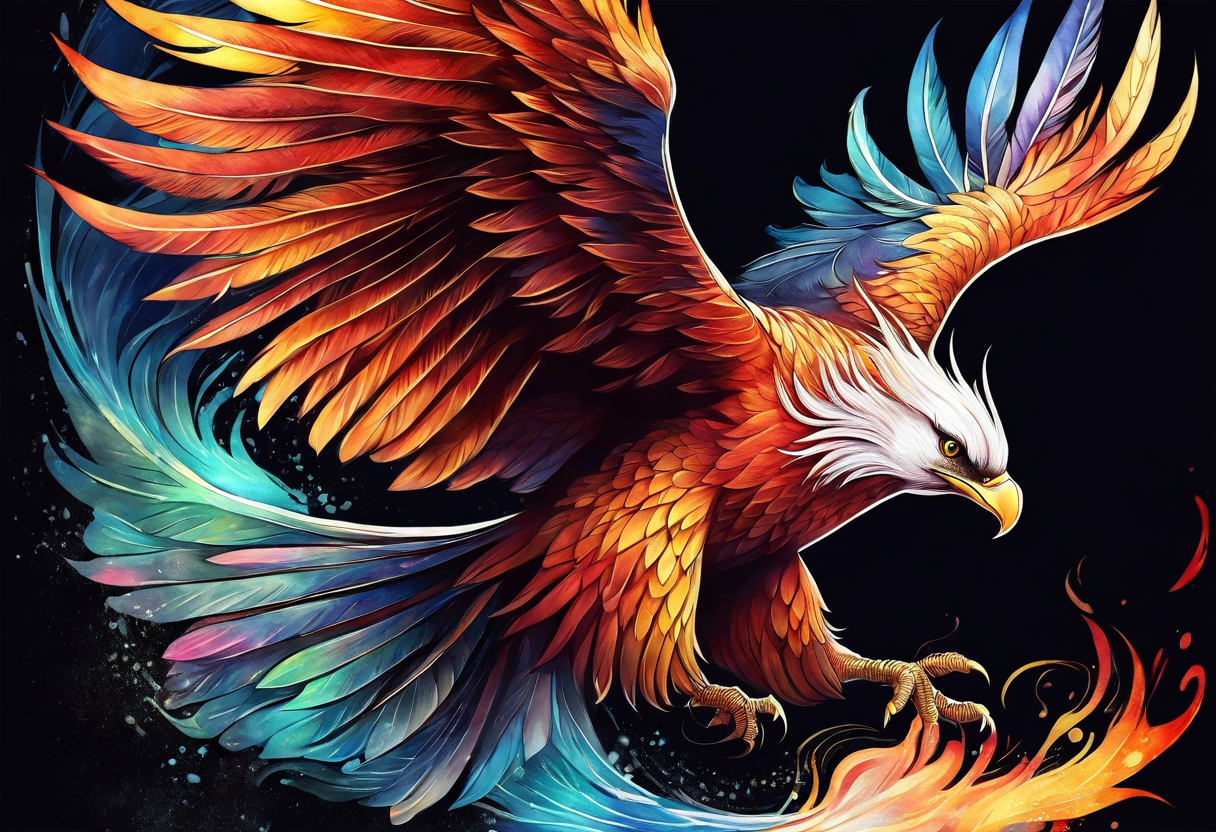 Rising phoenix against dark background, tall length tattoo idea