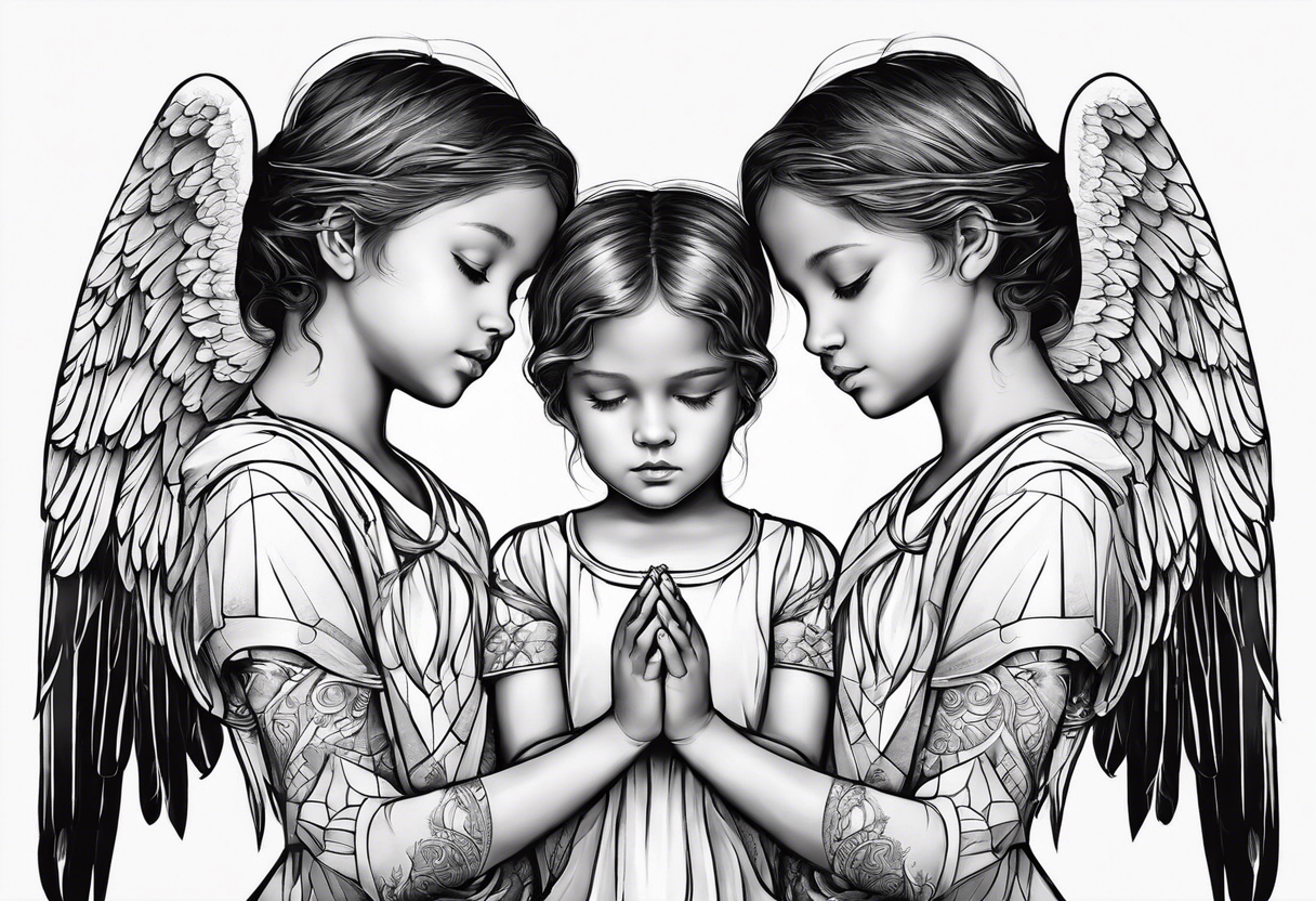 3 angels praying together. The two boy angels are on either side of the girl angel, with their wings gently enfolding tattoo idea