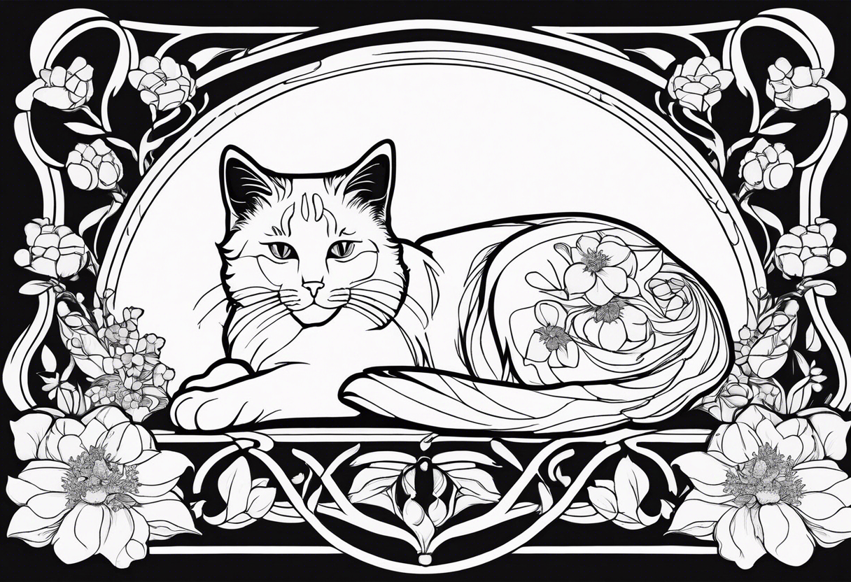 Art nouveau forearm tattoo of cat laying in flowers. tattoo idea