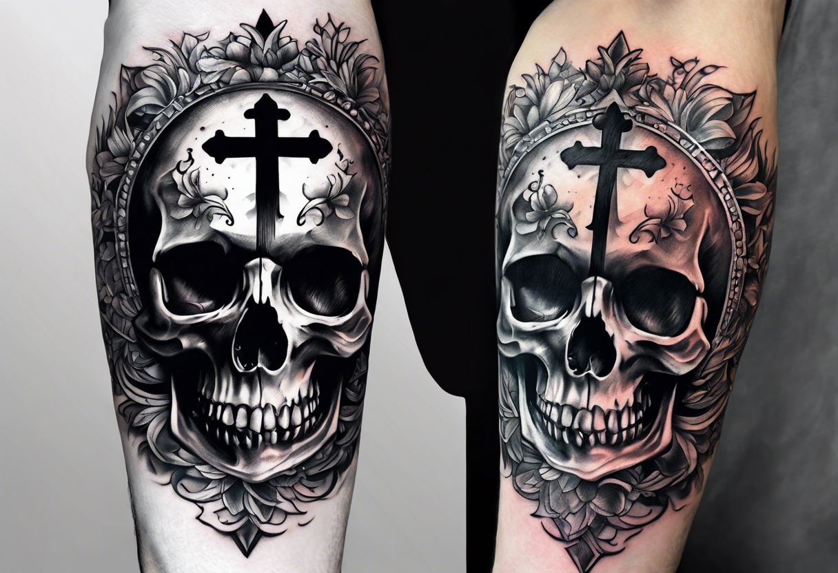 cross on top of a skull tattoo idea